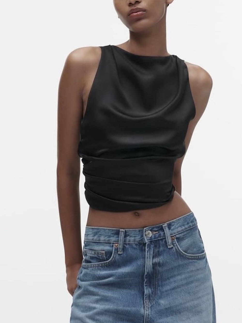 Zara Black Satin Cowl Crop Top
